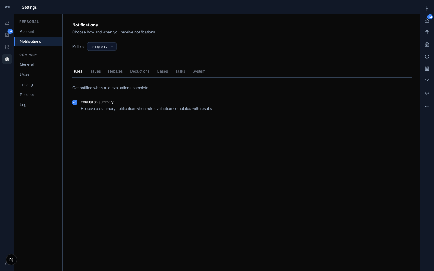 Notifications settings